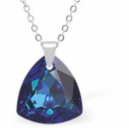 Embellished with Crystals by Swarovski® Multi Faceted Trilliant Cut Necklace Bermuda Blue in Colour 14.5mm in size Choice of 18" Stainless Steel or Sterling Silver Chain Hypo allergenic: Free from Lead, Nickel and Cadmium See matching earrings TR21 Delivered in a soft, grey, velveteen pouch