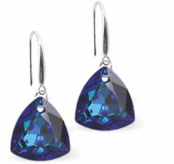 Austrian Crystal Multi Faceted Trilliant Cut Drop Earrings Bermuda Blue in Colour 10.5mm in size - Rhodium Plated Earwires Hypo allergenic: Free from Lead, Nickel and Cadmium See matching necklace TR20 Delivered in a soft, black, velveteen pouch