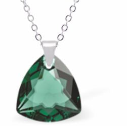 Embellished with Crystals by Swarovski® Multi Faceted Trilliant Cut Necklace Emerald Green in Colour 14.5mm in size Choice of 18" Stainless Steel or Sterling Silver Chain Hypo allergenic: Free from Lead, Nickel and Cadmium See matching earrings TR23 Delivered in a soft, grey, velveteen pouch