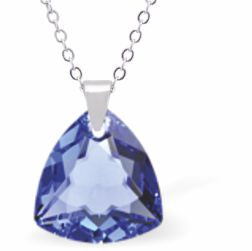 Embellished with Crystals by Swarovski® Multi Faceted Trilliant Cut Necklace Sapphire Blue in Colour 14.5mm in size Choice of 18" Stainless Steel or Sterling Silver Chain Hypo allergenic: Free from Lead, Nickel and Cadmium See matching earrings TR25 Delivered in a soft, grey, velveteen pouch