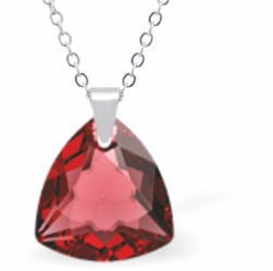Embellished with Crystals by Swarovski® Multi Faceted Trilliant Cut Necklace Scarlet Red in Colour 14.5mm in size Choice of 18" Stainless Steel or Sterling Silver Chain Hypo allergenic: Free from Lead, Nickel and Cadmium See matching earrings TR27 Delivered in a soft, grey, velveteen pouch