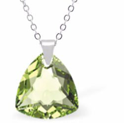 Austrian Crystal Multi Faceted Trilliant Cut Necklace Peridot Green in Colour 14.5mm in size Choice of 18" Stainless Steel or Sterling Silver Chain Hypo allergenic: Free from Lead, Nickel and Cadmium See matching earrings TR31 Delivered in a soft, black, velveteen pouch