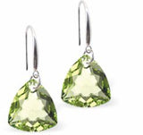 Austrian Crystal Multi Faceted Trilliant Cut Drop Earrings Peridot Green in Colour 10.5mm in size - Rhodium Plated Earwires Hypo allergenic: Free from Lead, Nickel and Cadmium See matching necklace TR30 Delivered in a soft, black, velveteen pouch
