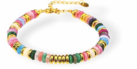 Multi-Colour Indian Agate Adjustable Bracelet – Shop for a unique and stylish bracelet featuring vibrant multi-coloured Indian Agate beads. Known for their calming and healing properties, Indian Agate gemstones come in a variety of hues such as green, red, brown, yellow, and purple. This adjustable bracelet is designed to fit most wrist sizes with an extension chain.