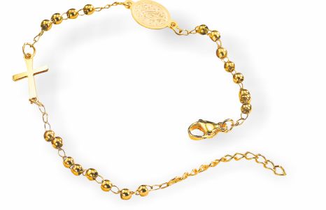 Adjustable Bracelet with Cross and Oval, with Golden Beads