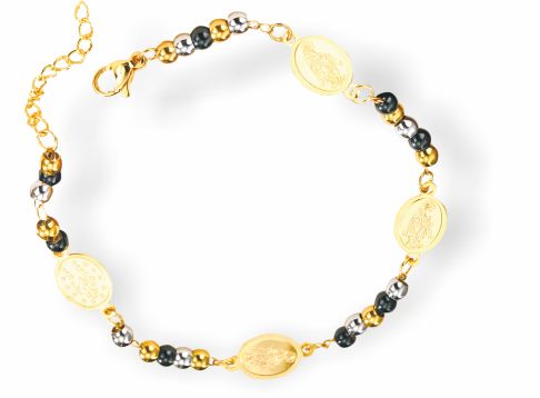 Golden Beaded Bracelet with Mother Mary Imprinted Oval Discs and extension chain