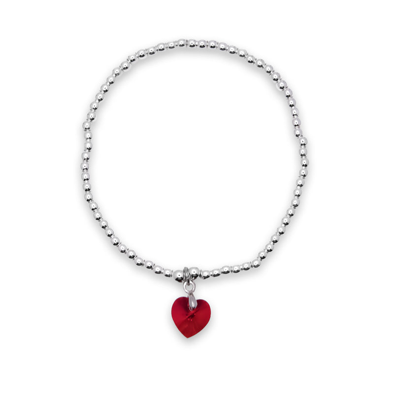 Stretch Charm Bracelet, Rhodium Plated
Siam Red Crystal heart Charm Embellished with Crystals by Swarovski®

6cm in diameter
Nickel Free, Hypoallergenic
Delivered in a soft, grey, velveteen pouch
