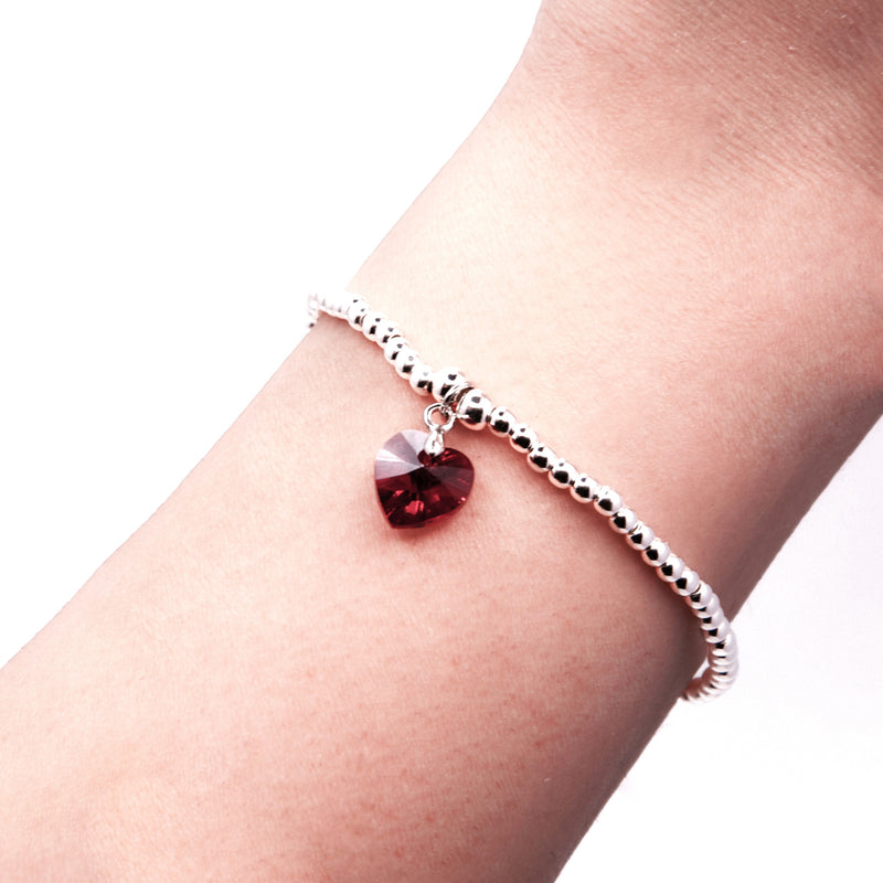 Charm Bracelet with Crystal Heart Charm Embellished with Crystals by Swarovski® in Siam Red, Rhodium Plated