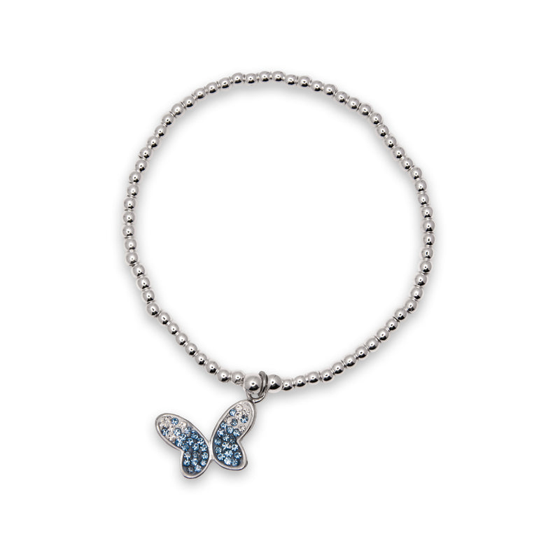 Charm Bracelet with Sparkly Butterfly Charm in Blue, Rhodium Plated