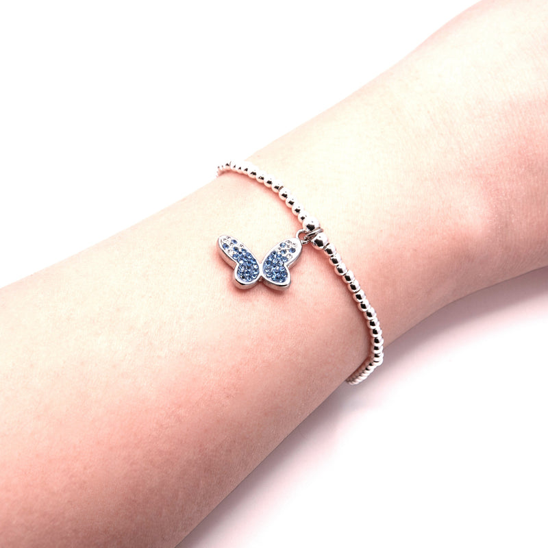 Charm Bracelet with Sparkly Butterfly Charm in Blue, Rhodium Plated