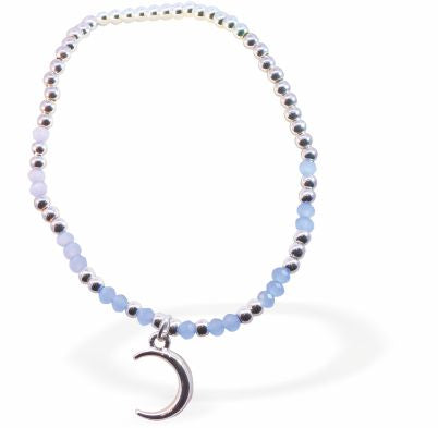 Stretch Bracelet With Light Blue Mix Beads and Moon Charm