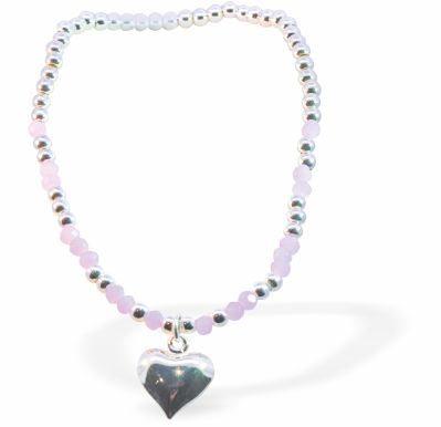 Stretch Bracelet With Pastel Pink Mix Beads and Heart Charm