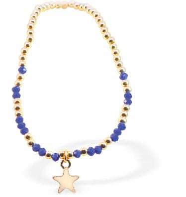 Stretch Bracelet With Dark Blue and Golden Mix Beads and Golden Star Charm