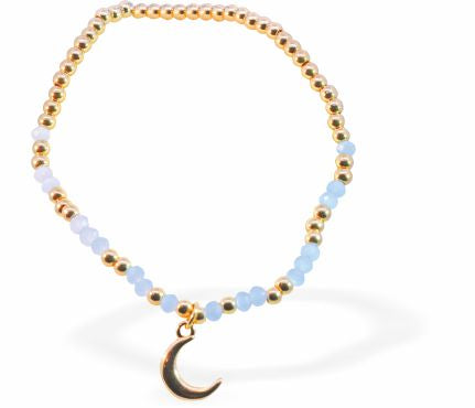 Stretch Bracelet With Light Blue and Golden Mix Beads and Golden Moon Charm