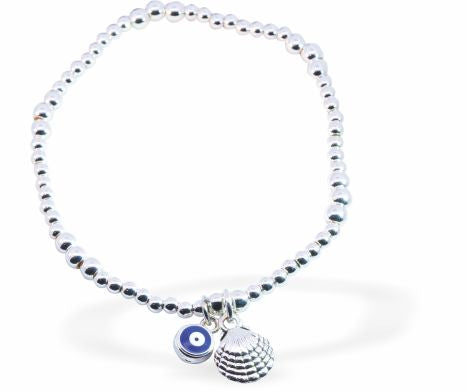 Stretch Silver Coloured Bracelet With Mix Beads and and Devil's Eye with Shell Charms