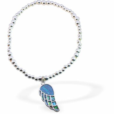 BR72 - Silver Coloured Stretch Multi Beaded Bracelet with Paua Shell Angel Wing Charm