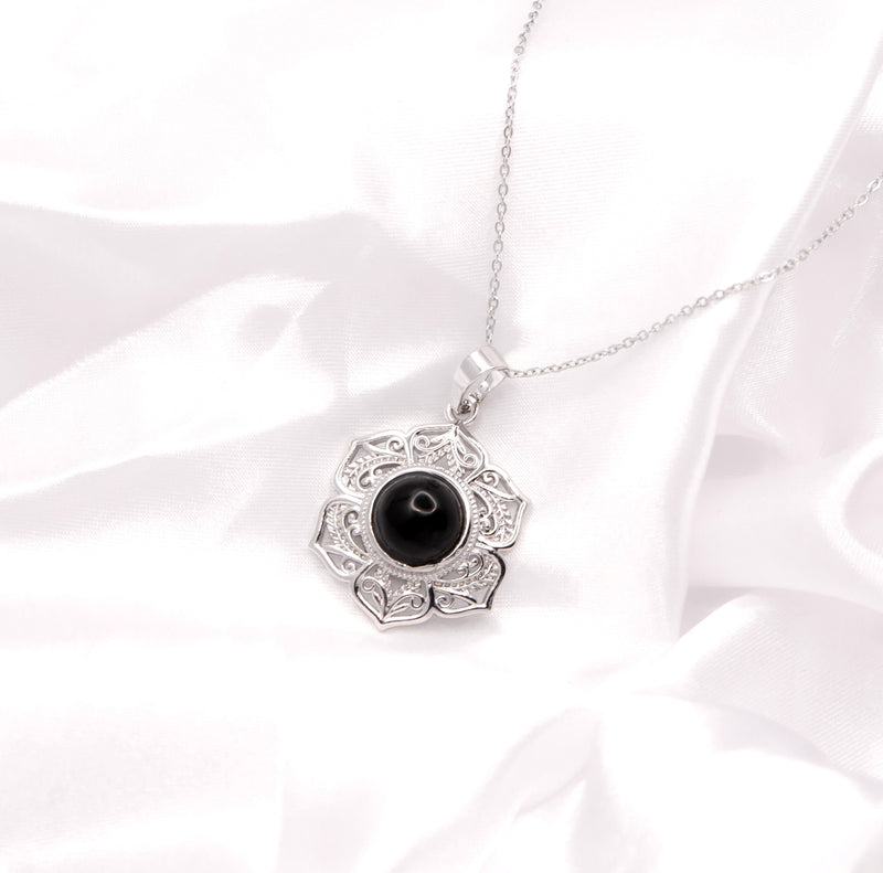 Silver Coloured Necklace with Obsidian Crystal Centre and Ornate Floral Frame, Rhodium Plated