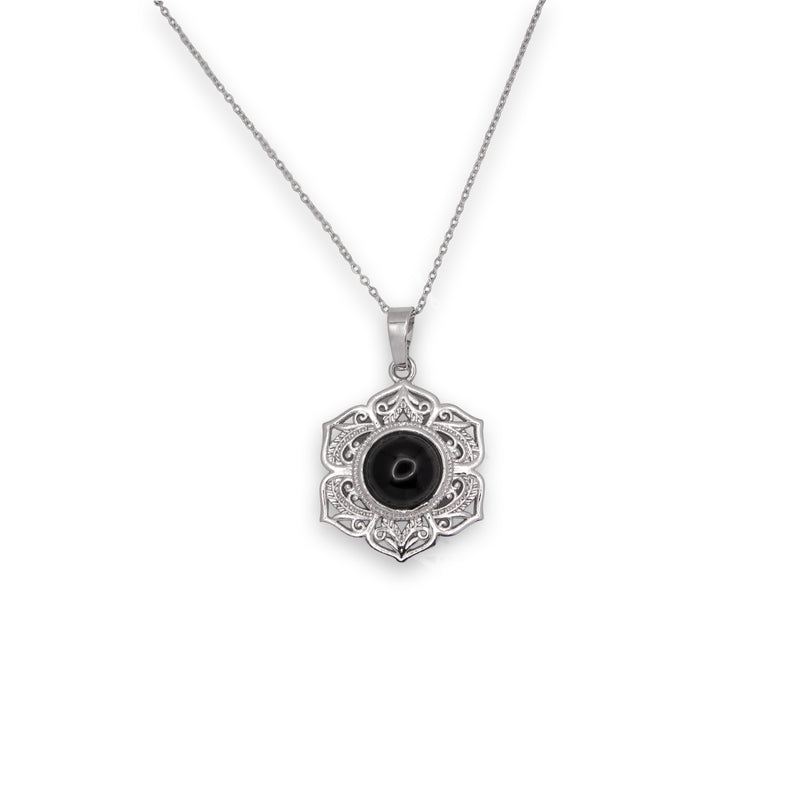 Silver Coloured Necklace with Obsidian Crystal Centre and Ornate Floral Frame, Rhodium Plated