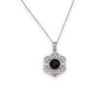 Silver Coloured Necklace with Obsidian Crystal Centre and Ornate Floral Frame, Rhodium Plated