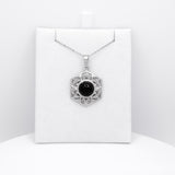 Silver Coloured Necklace with Obsidian Crystal Centre and Ornate Floral Frame, Rhodium Plated