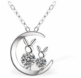 Silver Coloured Moon Necklace with Crystal Embellished Bunnies