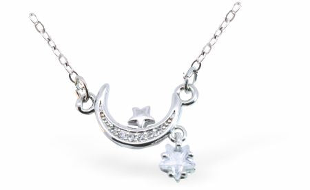 Silver Coloured Pave Crystal Moon Necklace with Stars