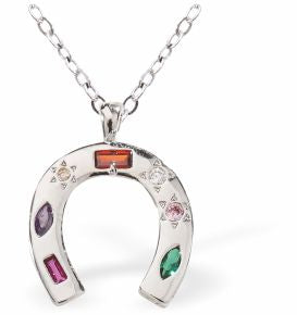 Silver Coloured Horse Shoe Necklace Decorated with Rainbow Crystals