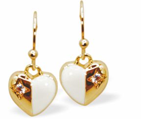 Golden Drop Earrings with White and Golden Coloured Heart Drops and Crystal Dots
Hearts are 10mm in size
Colour: White and Gold
&nbsp;Rhodium Plated Ear-wires
Delivered in a soft, black, velveteen pouch