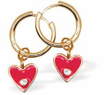 Golden Hoop Drop Earrings with Pink, Crystal Dotted Heart Drops