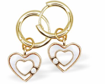 Golden Hoop Drop Earrings with White, Crystal Dotted, Hollow Heart Drops
Hearts are 10mm in size
Colour: White
Rhodium Plated Ear-wires
Delivered in a soft, black, velveteen pouch