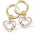 Golden Hoop Drop Earrings with White, Crystal Dotted, Hollow Heart Drops
Hearts are 10mm in size
Colour: White
Rhodium Plated Ear-wires
Delivered in a soft, black, velveteen pouch