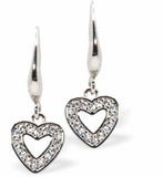 Silver Drop Earrings with Hollow, Pave Heart Drops with Crystal Embellishment