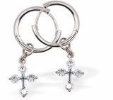 Silver Hoop Drop Earrings with Cross Dotted with Crystals