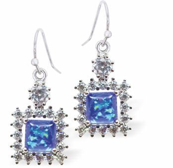Crystal Framed Square Drop Earrings in Soft Blue, Rhodium Plated