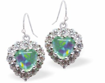Crystal Framed Green Drop Earrings, Heart Shaped, Rhodium Plated