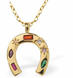 GP78 - Horse Shoe Necklace with multi coloured crystals, Golden Titanium Steel with 18" Curb Chain