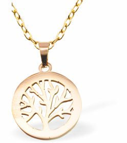 GP83 - Gold Coloured Tree of Life Necklace, Golden Titanium Steel with 18" Curb Chain