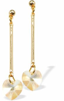 GP86 - Long golden drop earrings with crystal heart, 40mm length