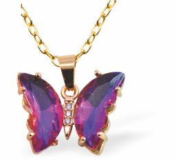 GP90 - Deep Purple Crystal Butterfly Necklace, Golden Titanium Steel with 18" Curb Chain