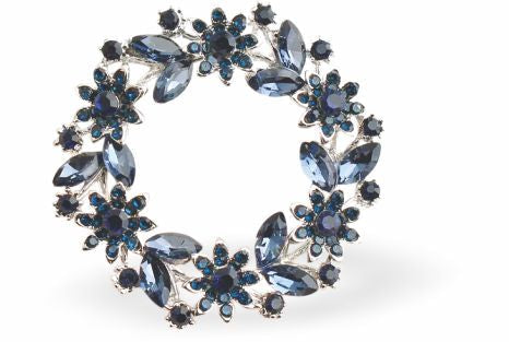 K720 - Navy Blue Ornate Wreath Brooch, Rhodium Plated