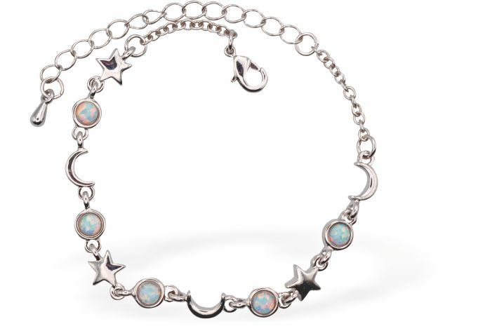 Glowing Opalite Moon and Star Bracelet

Extension link
Rhodium Plated
Hypoallergenic: Nickel, Lead and Cadmium free
Delivered in a soft, black, velveteen pouch