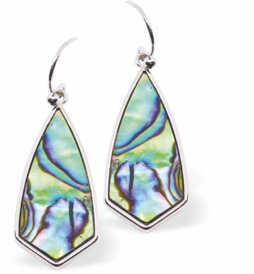 Natural Paua Shell Elongated Drop Earrings: Elegant green-blue Paua shell drops, 25mm in size. Rhodium-plated, hypoallergenic, and free from nickel, lead, and cadmium. Delivered in a soft black velveteen pouch.