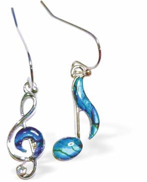 Paua Shell Quaver and Treble Clef Drop Earrings, Rhodium Plated