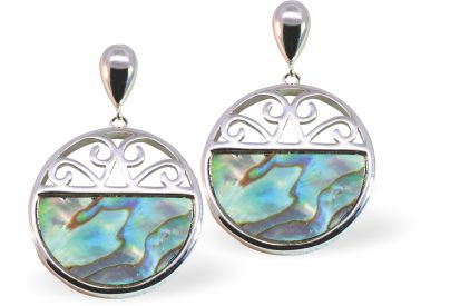 P565 - Paua Shell Filligree Round Drop/Stud Earrings, Rhodium Plated