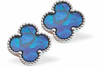 Paua Shell Clover Stud Earrings, Rhodium Plated