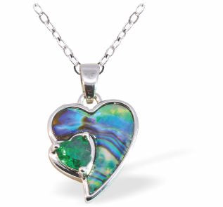 P753 - Paua Shell Devoted Heart with Heart Stone Necklace, Rhodium Plated