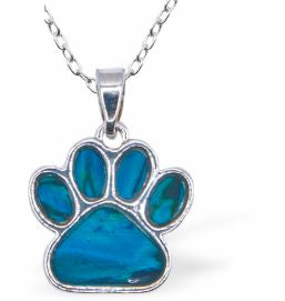 Paua Shell Paw Necklace
15mm, Rhodium Plated

18" Chain
Hypoallergenic: Nickel, Lead and Cadmium free
Delivered in a soft, black, velveteen pouch