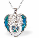 Natural Paua Shell Wings and Heart with Paw Print Necklace, Rhodium Plated