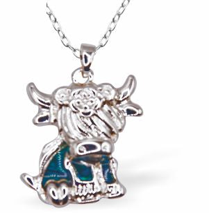 Paua Shell Cute Highland Cow Necklace
20mm, Rhodium Plated

18" Chain
Hypoallergenic: Nickel, Lead and Cadmium free
Delivered in a soft, black, velveteen pouch