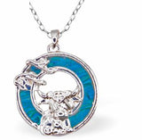 Natural Paua Shell Highland Cow in Circle Necklace, Rhodium Plated
